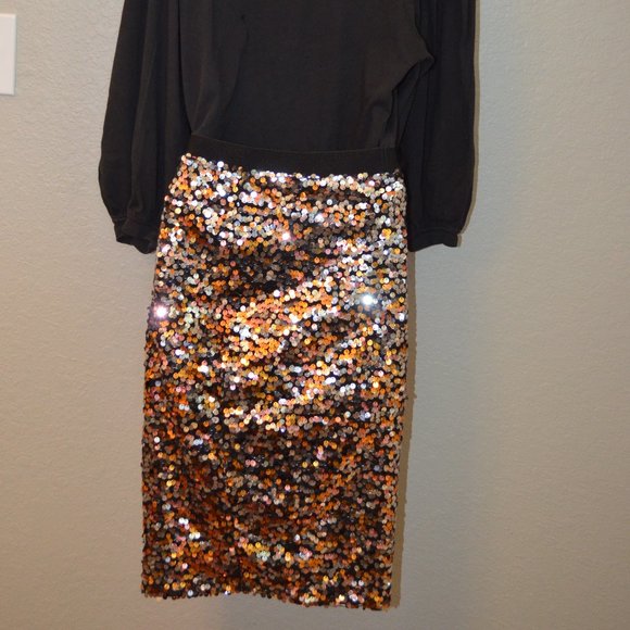 Sz XS H&M Copper & Silver Sparkly Sequin Stretch Pencil Skirt - Picture 7 of 13